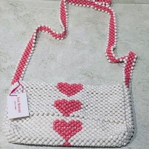 NWT Isaac Mizrahi Beaded White‎ w/ Pink Hearts Valentines Day Purse